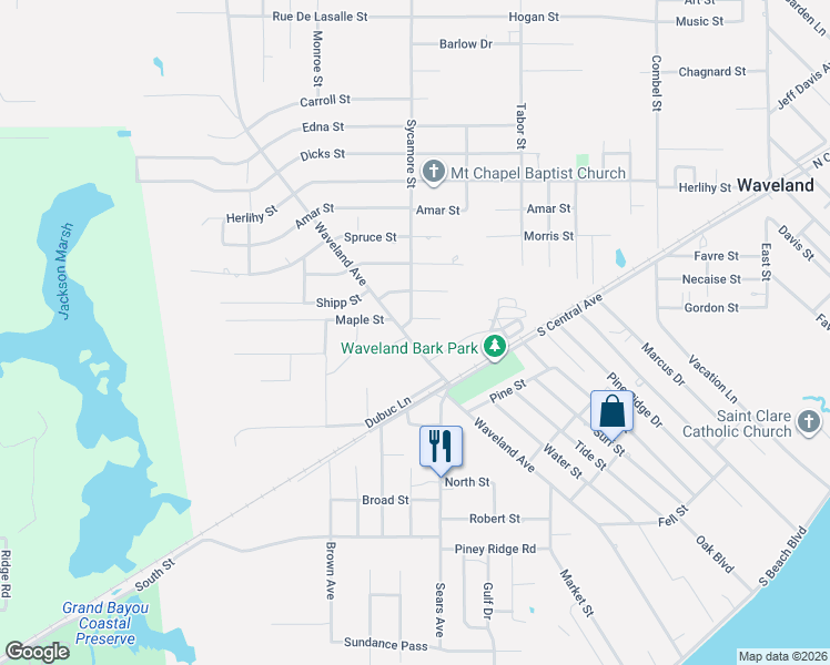 map of restaurants, bars, coffee shops, grocery stores, and more near 606 Waveland Avenue in Waveland