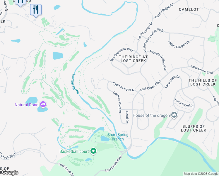 map of restaurants, bars, coffee shops, grocery stores, and more near 6703 Cypress Point West in Austin