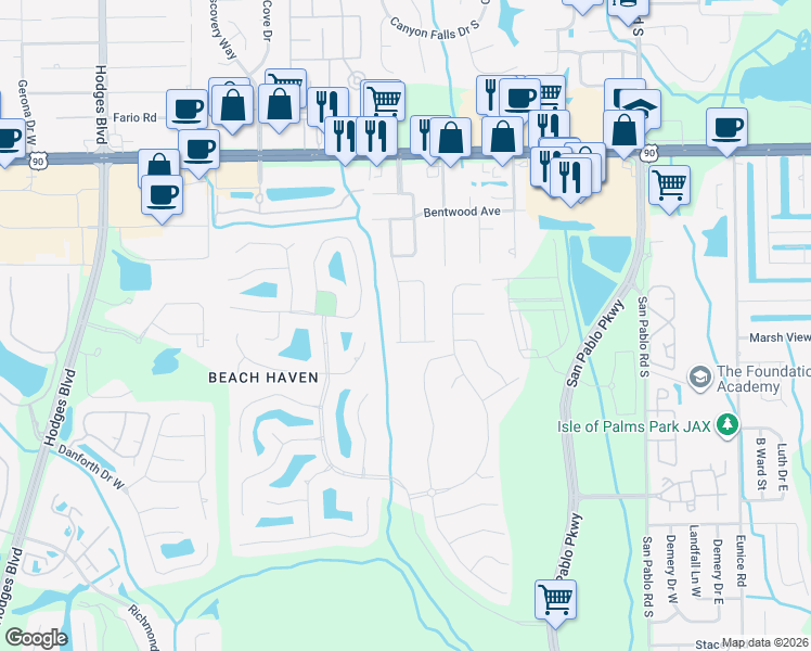 map of restaurants, bars, coffee shops, grocery stores, and more near 3629 Brockway Road in Jacksonville