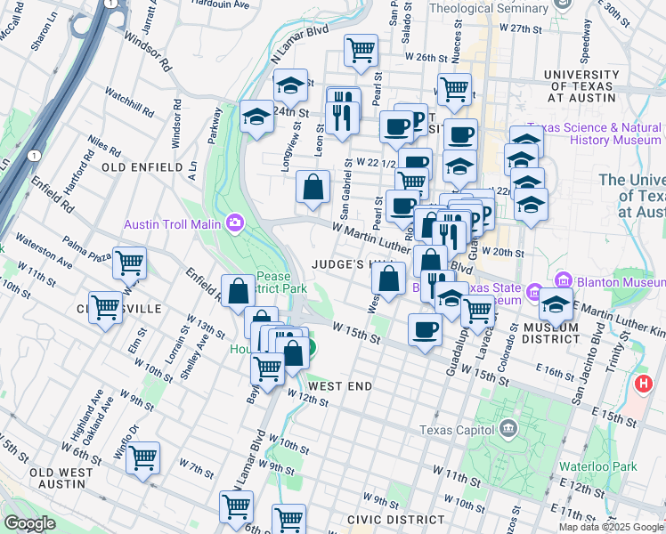 map of restaurants, bars, coffee shops, grocery stores, and more near 1001 San Gabriel Street in Austin