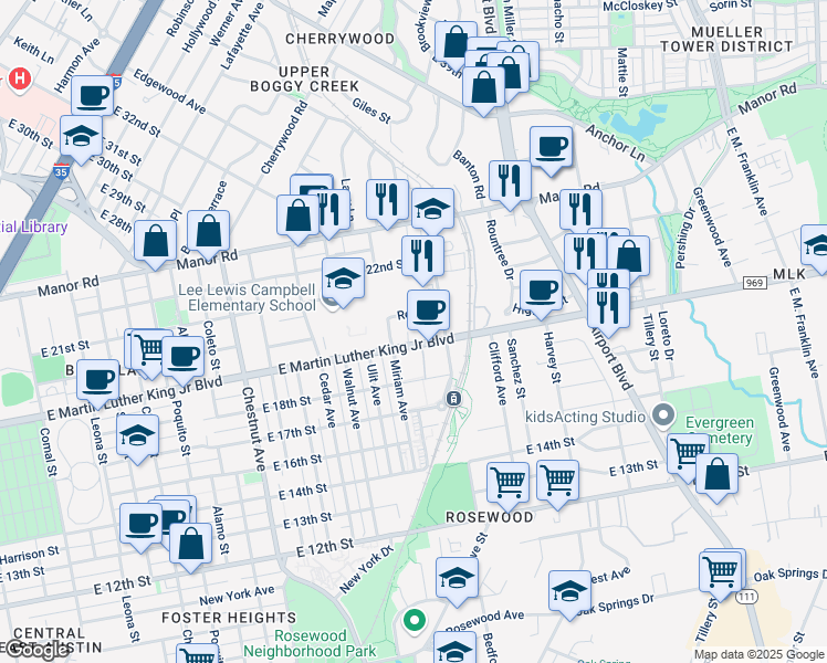 map of restaurants, bars, coffee shops, grocery stores, and more near 2820 East Martin Luther King Junior Boulevard in Austin