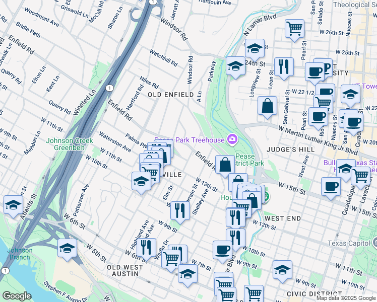 map of restaurants, bars, coffee shops, grocery stores, and more near 1501 Enfield Road in Austin