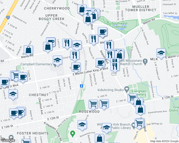 map of restaurants, bars, coffee shops, grocery stores, and more near E Martin Luther King Jr Blvd & Clifford Ave in Austin