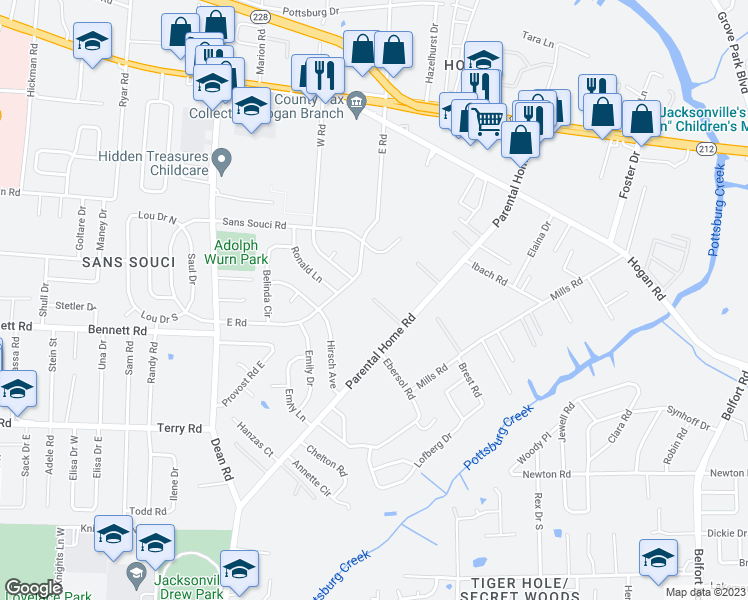 map of restaurants, bars, coffee shops, grocery stores, and more near 2401 Deloach Lane in Jacksonville