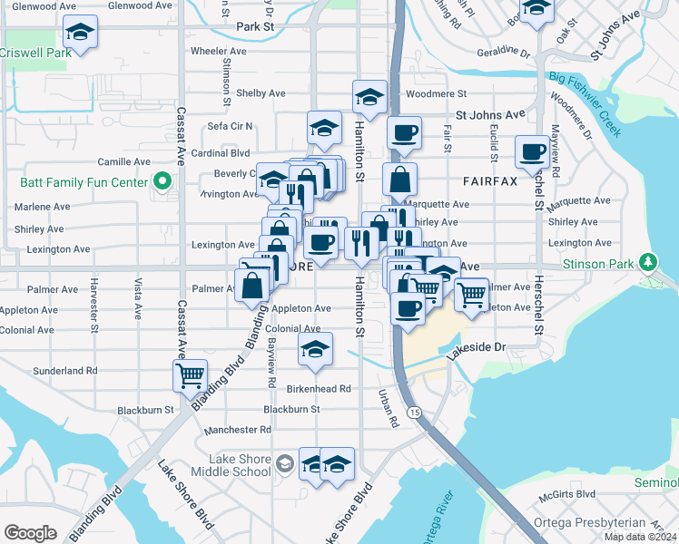 map of restaurants, bars, coffee shops, grocery stores, and more near 4570 San Juan Avenue in Jacksonville