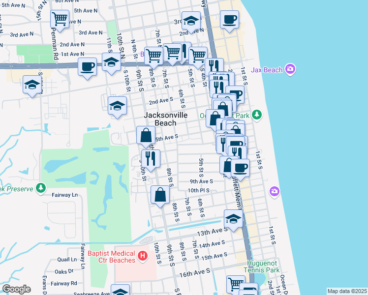 map of restaurants, bars, coffee shops, grocery stores, and more near 618 6th Avenue South in Jacksonville Beach