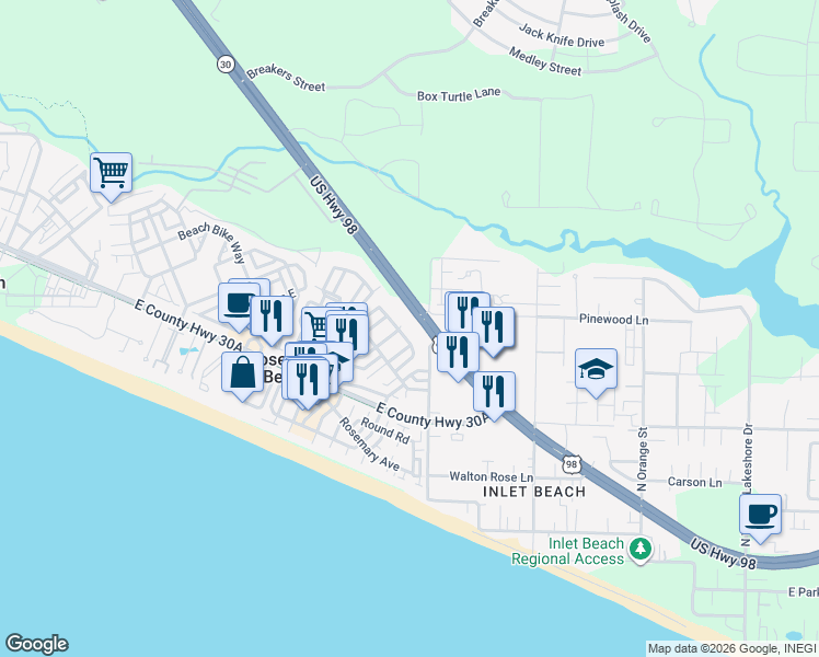 map of restaurants, bars, coffee shops, grocery stores, and more near 115 Kingston Road in Rosemary Beach