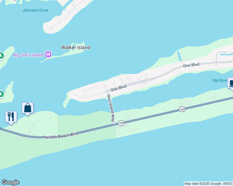 map of restaurants, bars, coffee shops, grocery stores, and more near 28700 Ono Blvd in Orange Beach