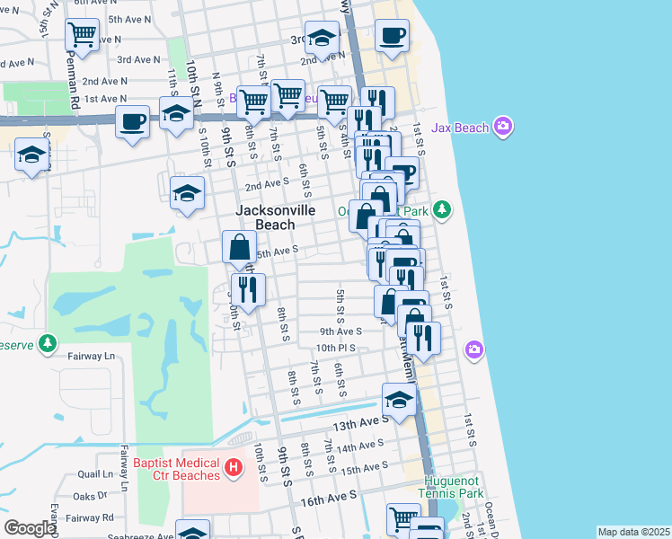 map of restaurants, bars, coffee shops, grocery stores, and more near 504 6th Avenue South in Jacksonville Beach