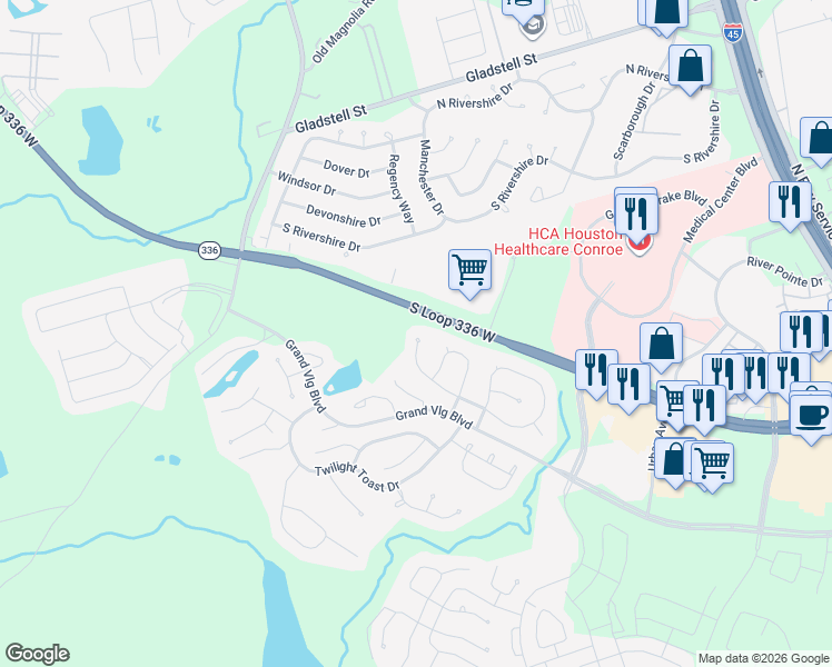 map of restaurants, bars, coffee shops, grocery stores, and more near 347 Red Petal Court in Conroe