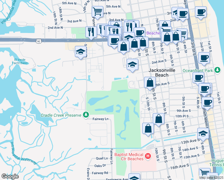 map of restaurants, bars, coffee shops, grocery stores, and more near 605 Penman Road South in Jacksonville Beach