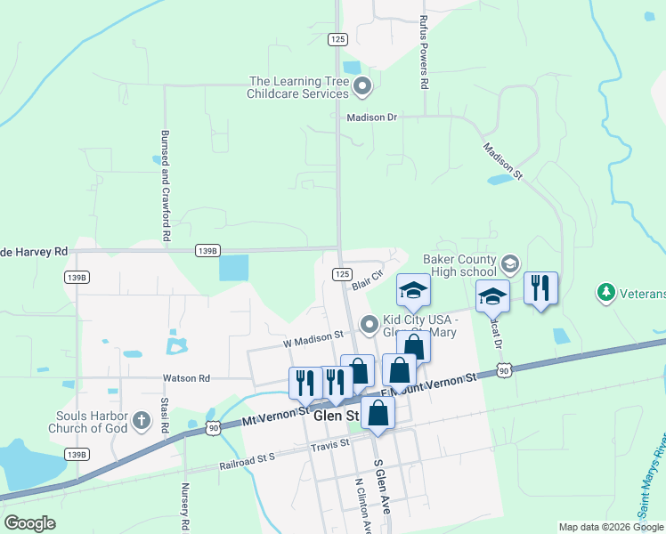 map of restaurants, bars, coffee shops, grocery stores, and more near 10600 County Road 125 in Glen Saint Mary