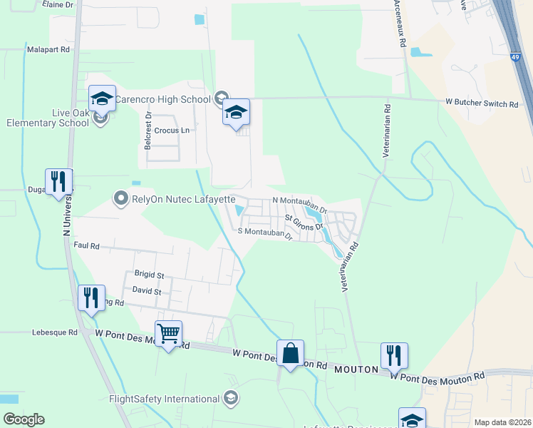 map of restaurants, bars, coffee shops, grocery stores, and more near 111 Mont De Marsan Dr in Lafayette