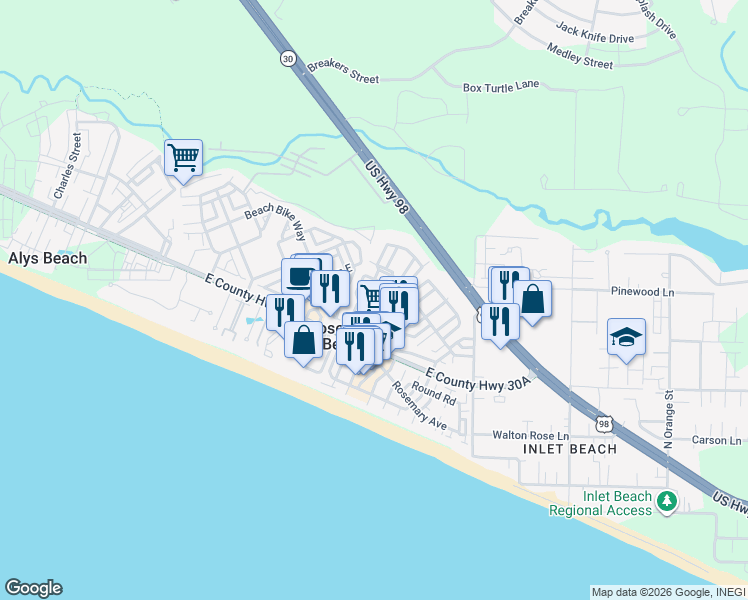 map of restaurants, bars, coffee shops, grocery stores, and more near 86 Charlestown Avenue in Panama City Beach