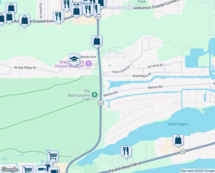 map of restaurants, bars, coffee shops, grocery stores, and more near 3872 Orange Beach Boulevard in Orange Beach