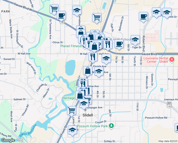 map of restaurants, bars, coffee shops, grocery stores, and more near Front Street in Slidell