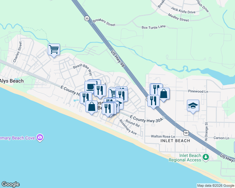 map of restaurants, bars, coffee shops, grocery stores, and more near 51 West Water Street in Panama City Beach