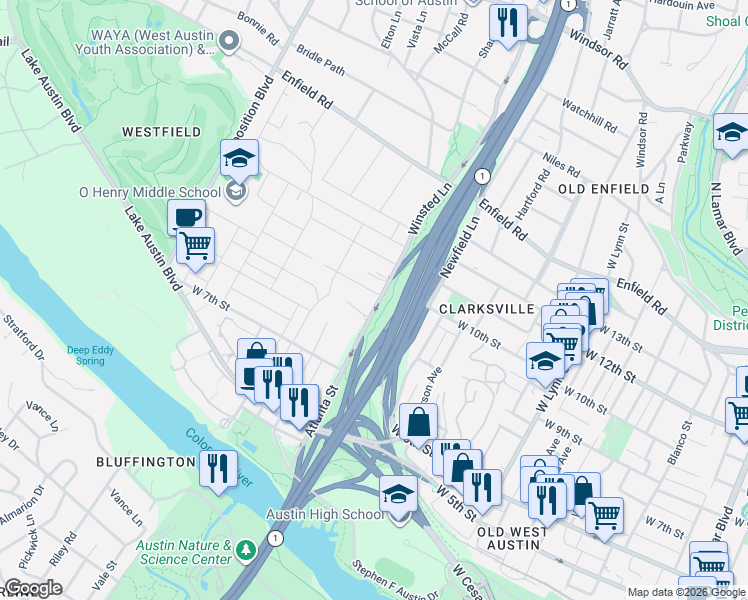 map of restaurants, bars, coffee shops, grocery stores, and more near 2104 Highgrove Terrace in Austin