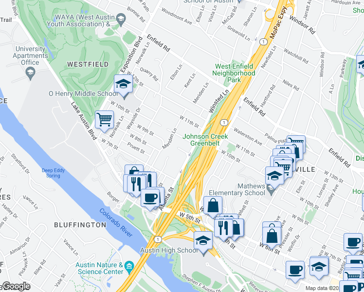 map of restaurants, bars, coffee shops, grocery stores, and more near 2104 Highgrove Terrace in Austin