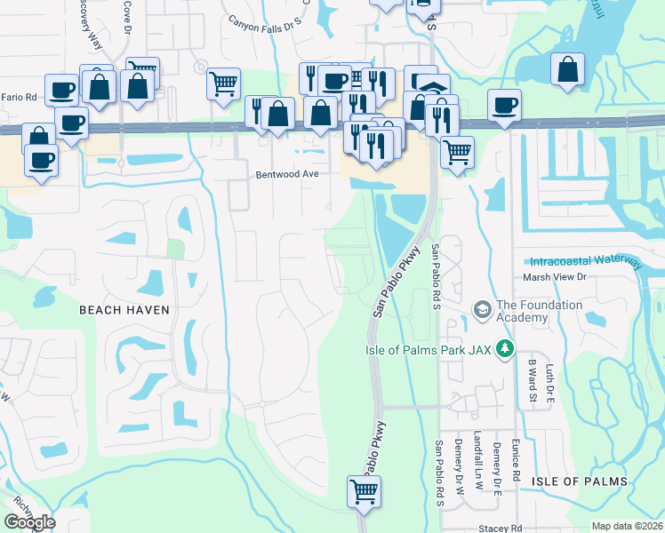 map of restaurants, bars, coffee shops, grocery stores, and more near 3628 Marsh Reserve Boulevard in Jacksonville