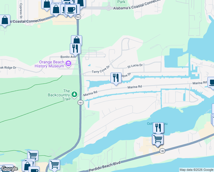 map of restaurants, bars, coffee shops, grocery stores, and more near 26197 Marina Rd in Orange Beach