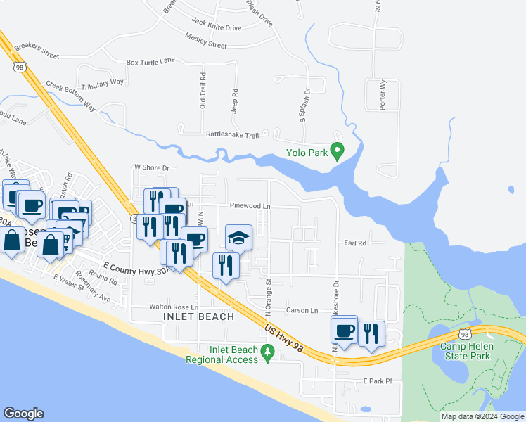 map of restaurants, bars, coffee shops, grocery stores, and more near 62 Sandpine Loop in Panama City Beach