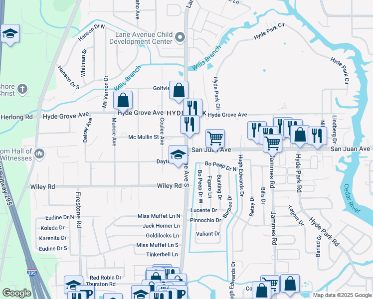 map of restaurants, bars, coffee shops, grocery stores, and more near Lane Ave S & San Juan Ave in Jacksonville