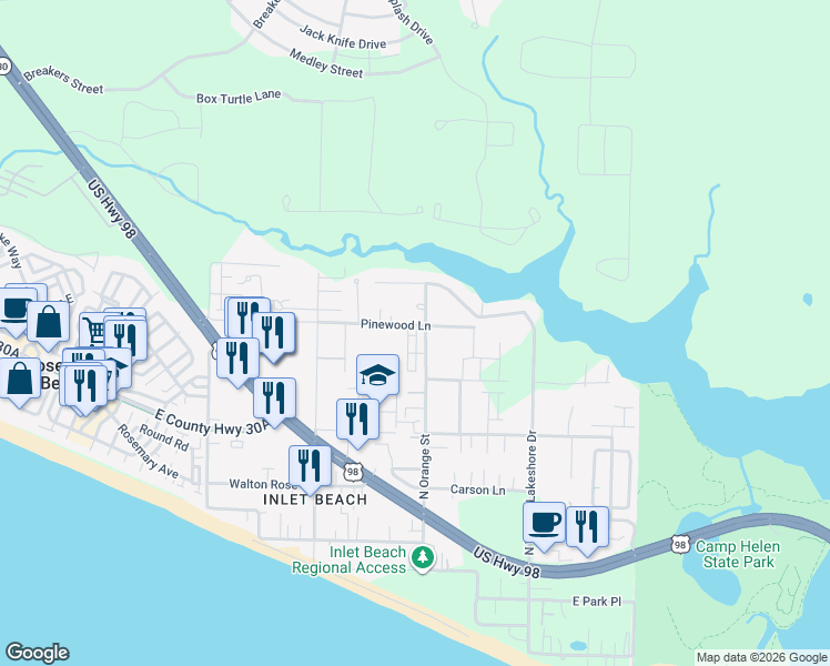 map of restaurants, bars, coffee shops, grocery stores, and more near 50 Sandpine Loop in Panama City Beach
