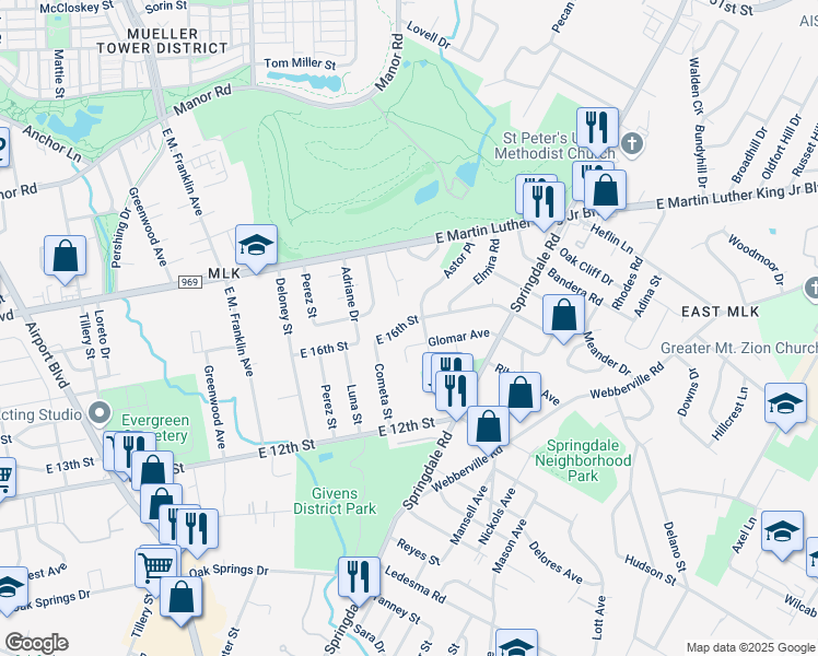 map of restaurants, bars, coffee shops, grocery stores, and more near 4201 Leslie Avenue in Austin