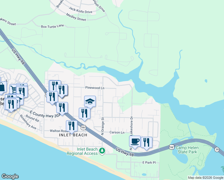 map of restaurants, bars, coffee shops, grocery stores, and more near 424 Pinewood Lane in Panama City Beach