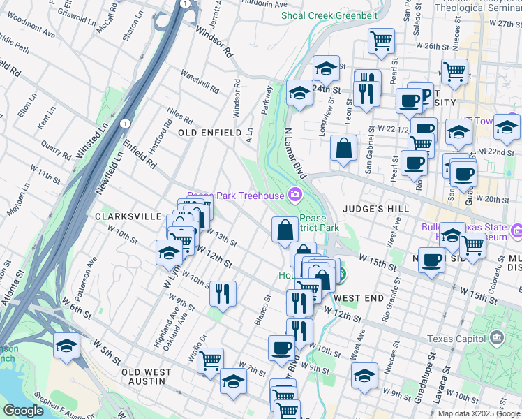 map of restaurants, bars, coffee shops, grocery stores, and more near 1504 Lorrain Street in Austin