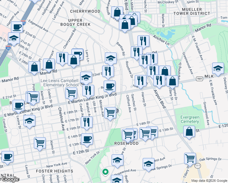 map of restaurants, bars, coffee shops, grocery stores, and more near 2834 East Martin Luther King Junior Boulevard in Austin