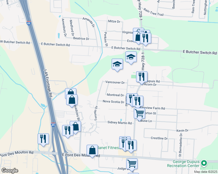 map of restaurants, bars, coffee shops, grocery stores, and more near 304 Montreal Drive in Lafayette
