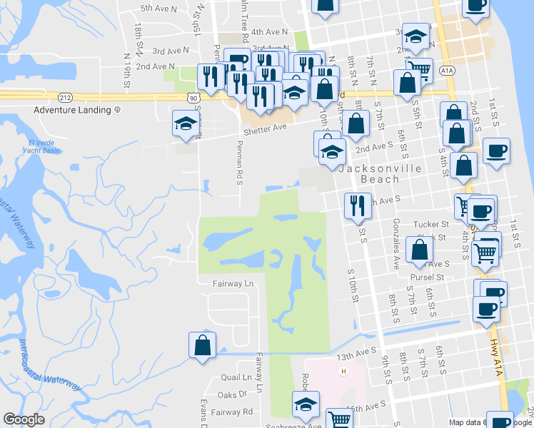 map of restaurants, bars, coffee shops, grocery stores, and more near 605 Penman Road South in Jacksonville Beach