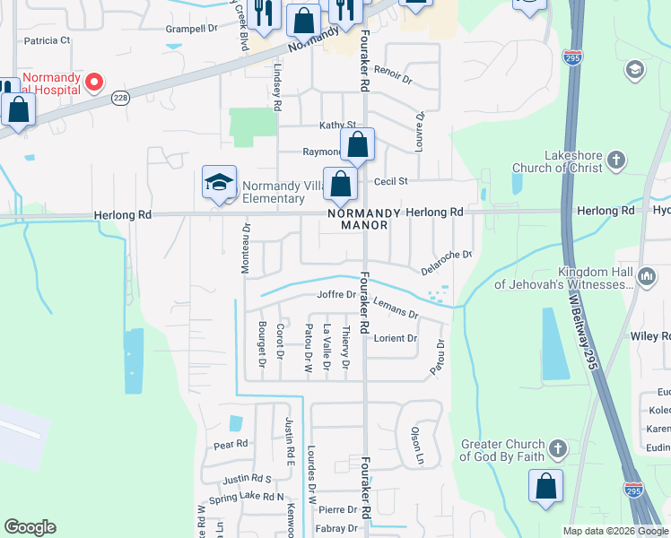 map of restaurants, bars, coffee shops, grocery stores, and more near 8054 Delaroche Drive in Jacksonville