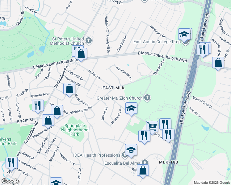 map of restaurants, bars, coffee shops, grocery stores, and more near 1803 Webberville Road in Austin