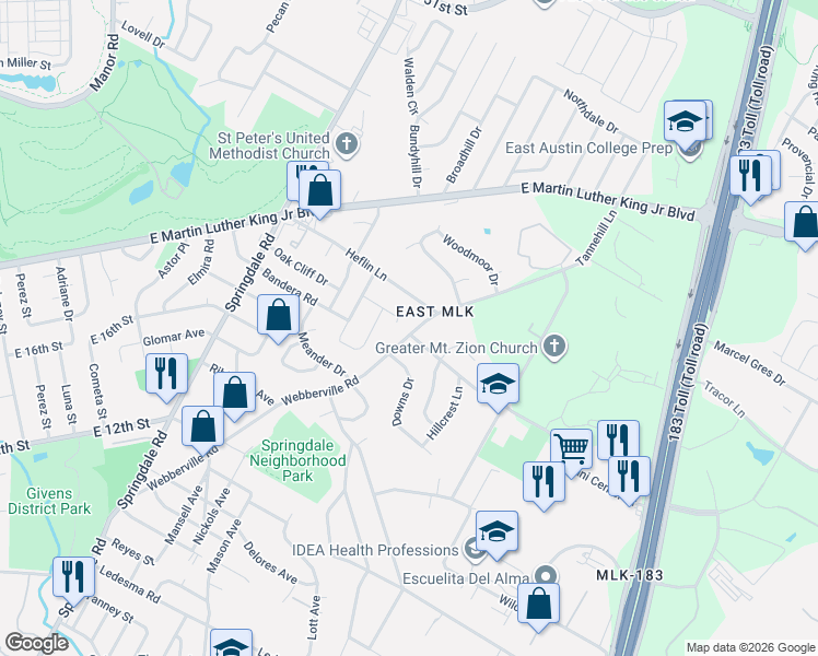 map of restaurants, bars, coffee shops, grocery stores, and more near 1803 Webberville Road in Austin