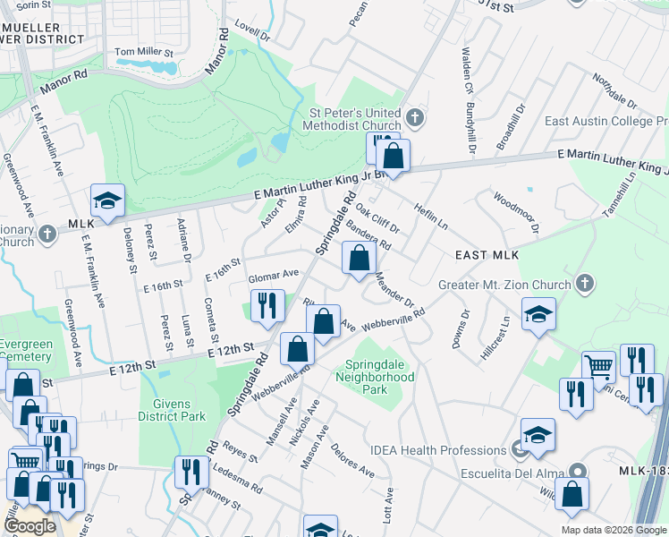 map of restaurants, bars, coffee shops, grocery stores, and more near 4605 Leslie Avenue in Austin