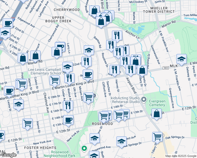 map of restaurants, bars, coffee shops, grocery stores, and more near 2903 1/2 East Martin Luther King Junior Boulevard in Austin