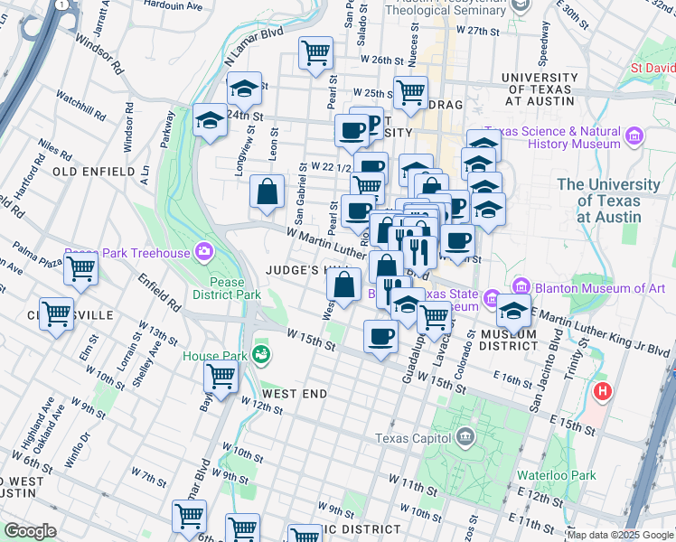 map of restaurants, bars, coffee shops, grocery stores, and more near 1801 West Avenue in Austin