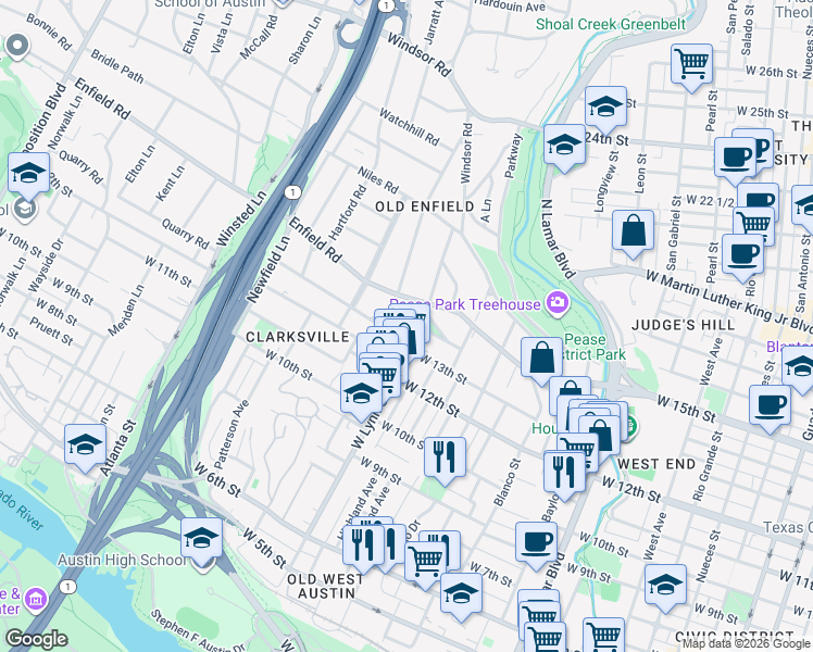 map of restaurants, bars, coffee shops, grocery stores, and more near 1524 Palma Plaza in Austin