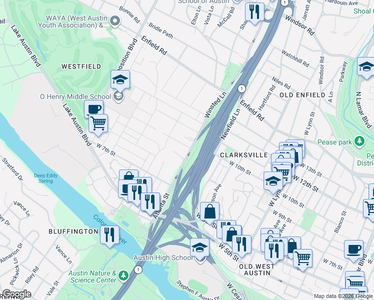 map of restaurants, bars, coffee shops, grocery stores, and more near 2104 Highgrove Terrace in Austin