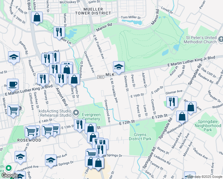 map of restaurants, bars, coffee shops, grocery stores, and more near 1704 E. M. Franklin Avenue in Austin