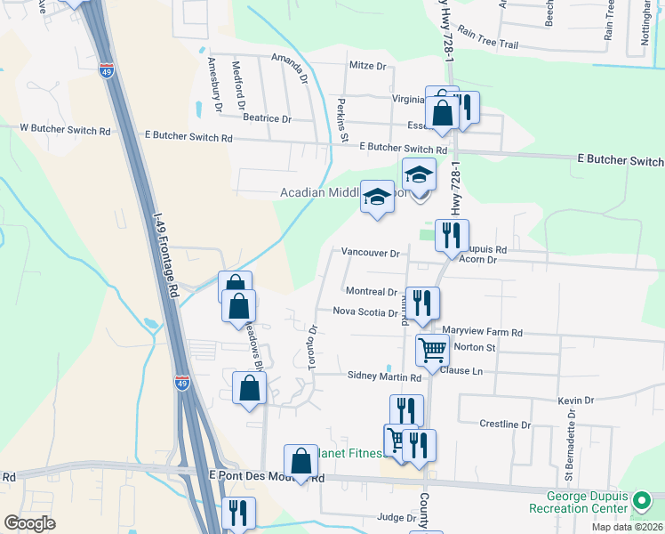 map of restaurants, bars, coffee shops, grocery stores, and more near 403 Toronto Drive in Lafayette