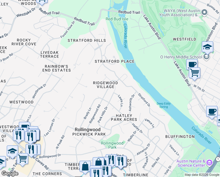 map of restaurants, bars, coffee shops, grocery stores, and more near 307 Ridgewood Road in Austin