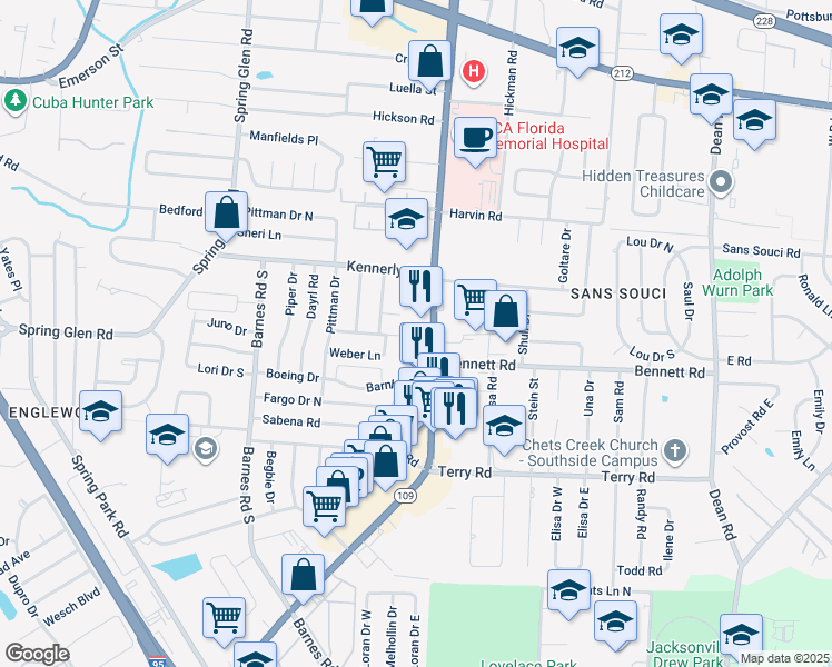 map of restaurants, bars, coffee shops, grocery stores, and more near in Jacksonville
