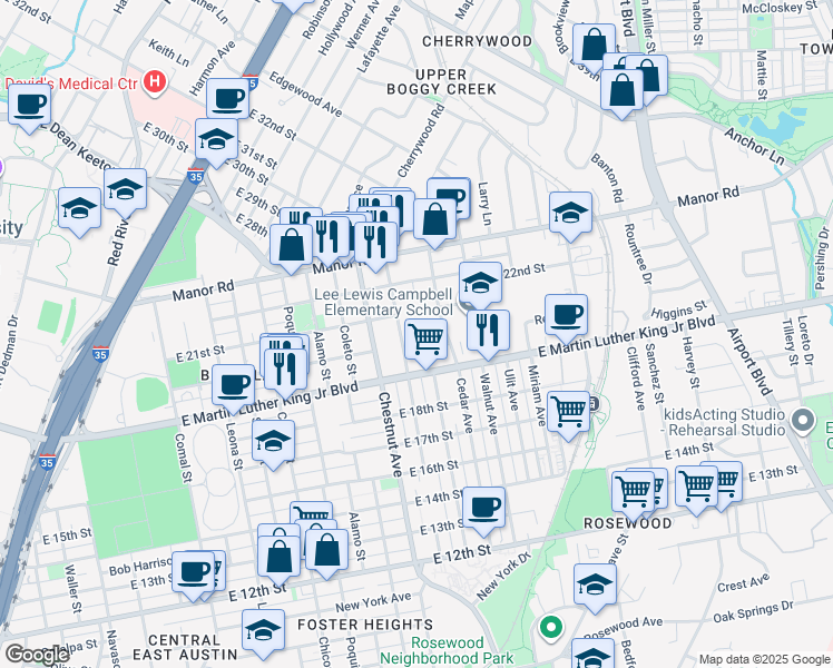map of restaurants, bars, coffee shops, grocery stores, and more near 2501 Weber Avenue in Austin