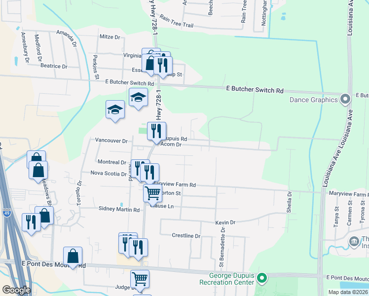 map of restaurants, bars, coffee shops, grocery stores, and more near 208 Acorn Drive in Lafayette