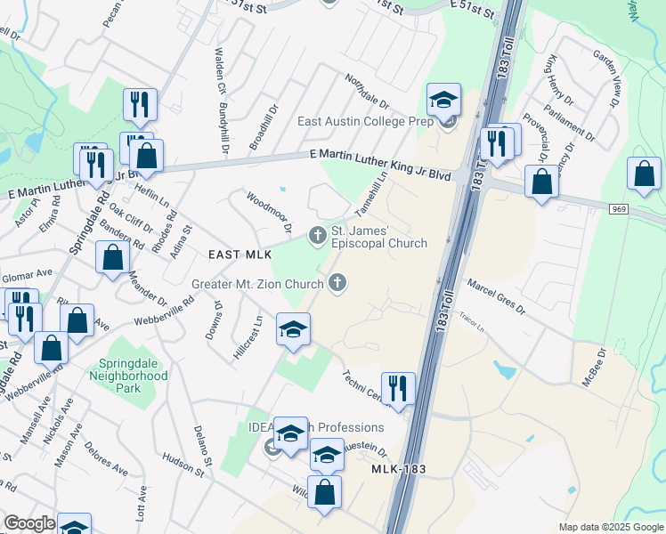 map of restaurants, bars, coffee shops, grocery stores, and more near 3987 Tannehill Lane in Austin