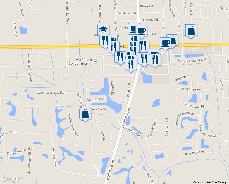 map of restaurants, bars, coffee shops, grocery stores, and more near 3669 casitas Drive in Jacksonville